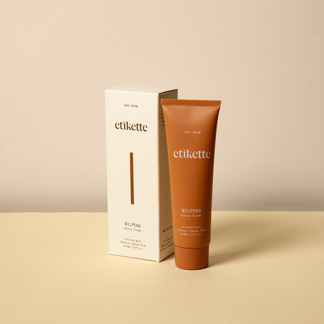 Etikette — hand cream — Wilpena in cactus flower — tube and carton