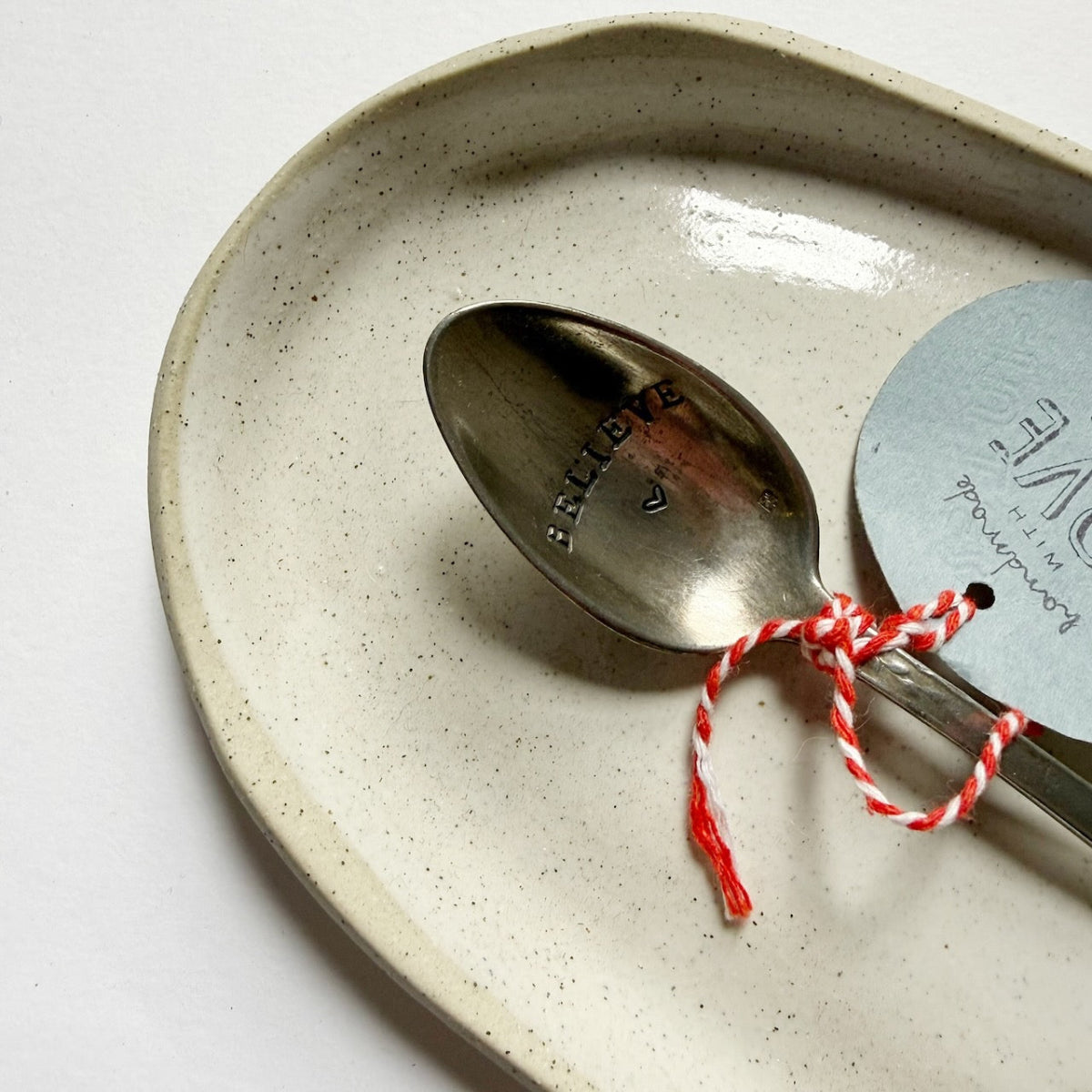 antique silverware tea spoon "believe" | mondocherry - close