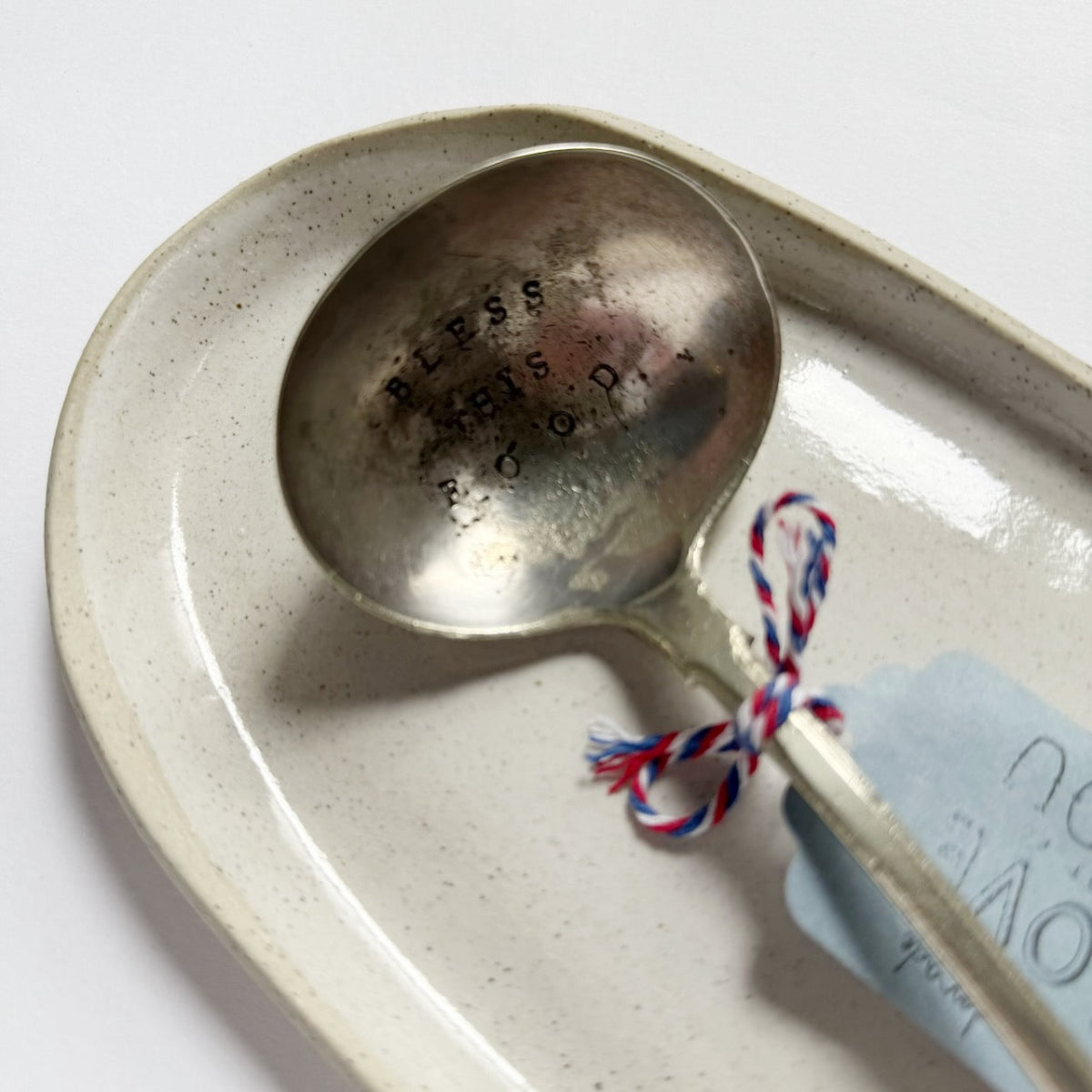 antique silverware ladle "bless" | mondocherry - close