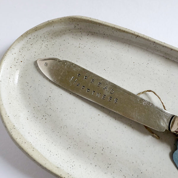 mondocherry - antique silverware butter knife | "spread happiness" - close