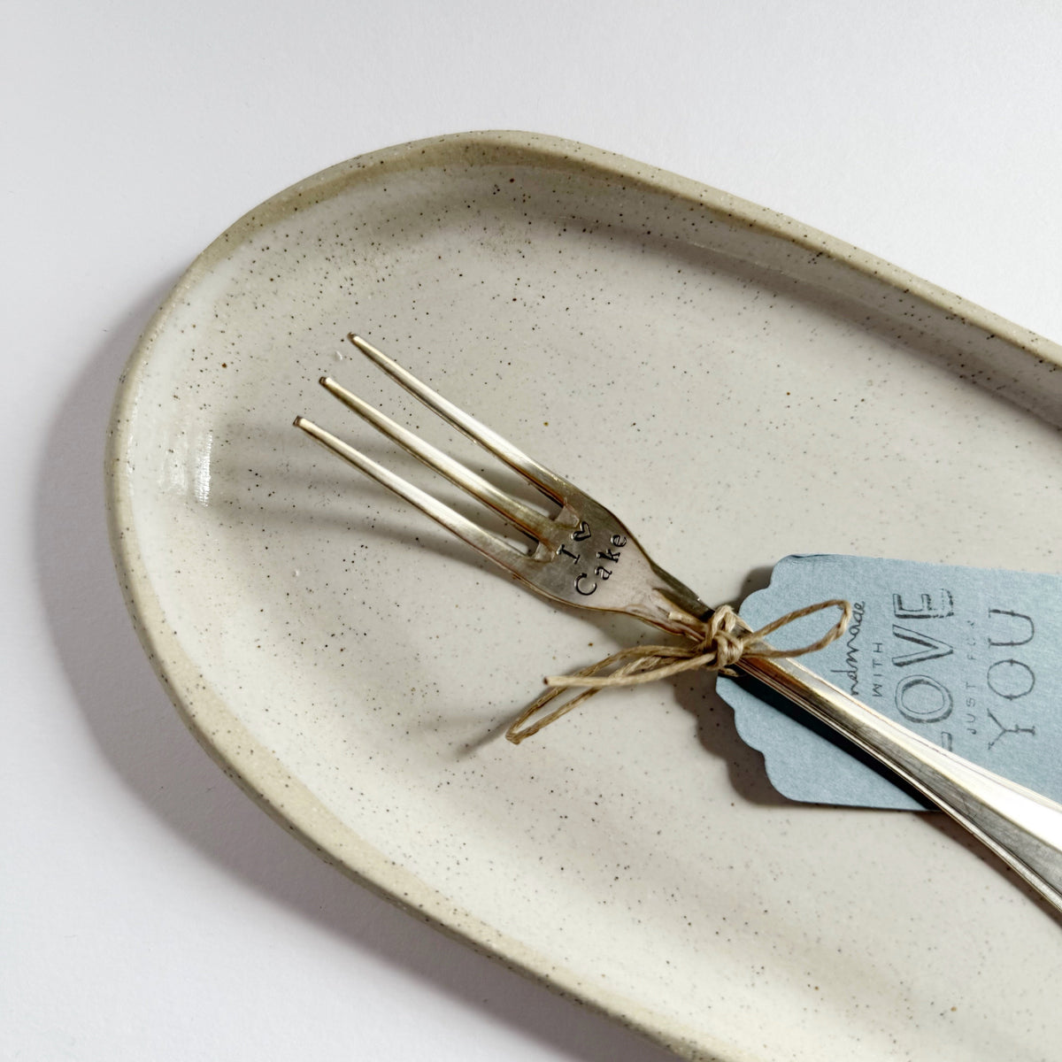 mondocherry - antique silverware dessert fork | "i love cake and you" - close