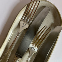 mondocherry - antique silver knife and fork set | "Mr & Mrs" - close