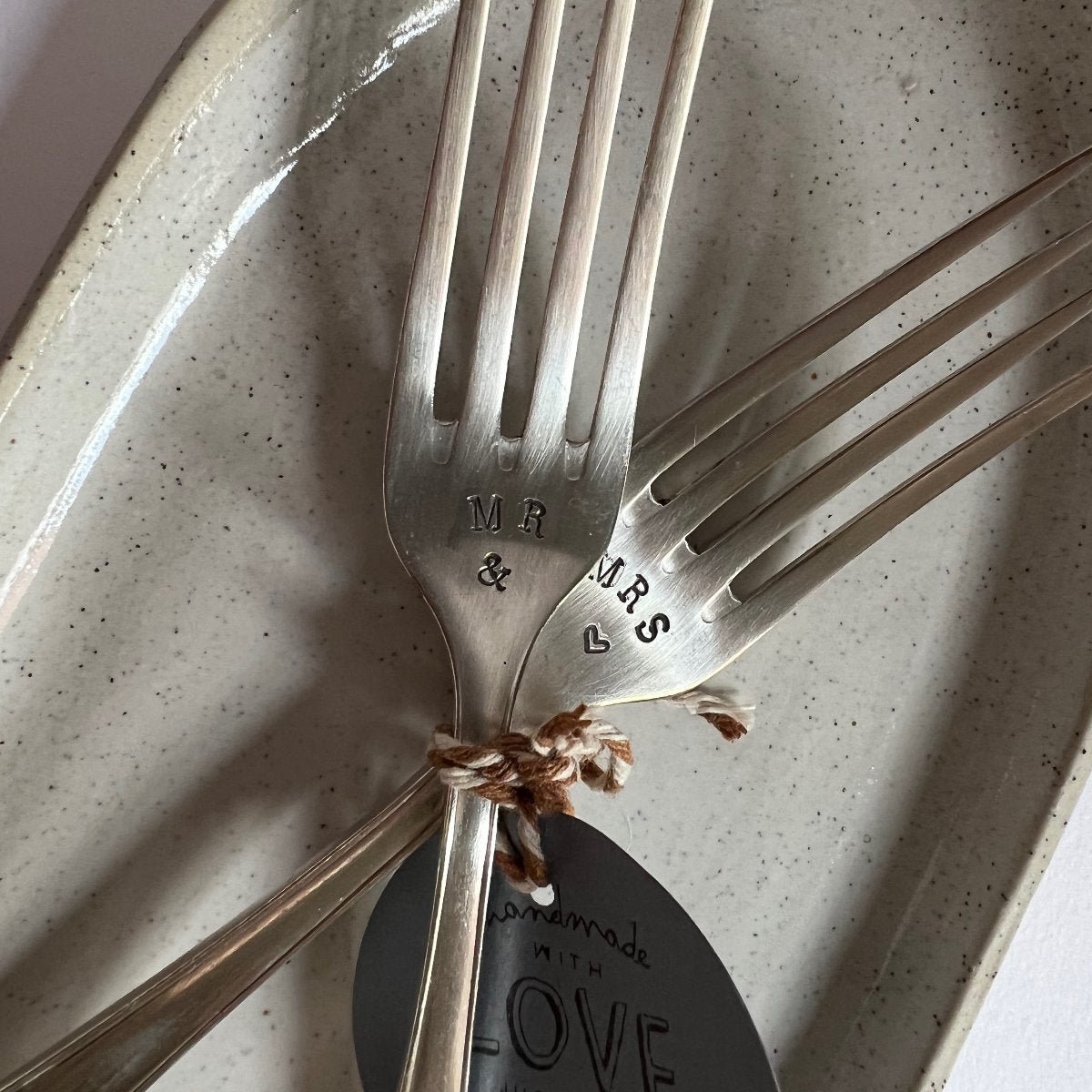 mondocherry - antique silver fork set | "Mr & Mrs" - close