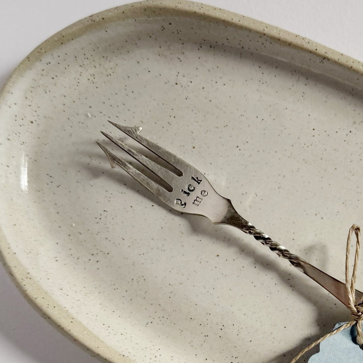 mondocherry - antique silverware pickle fork | "pick me" - close