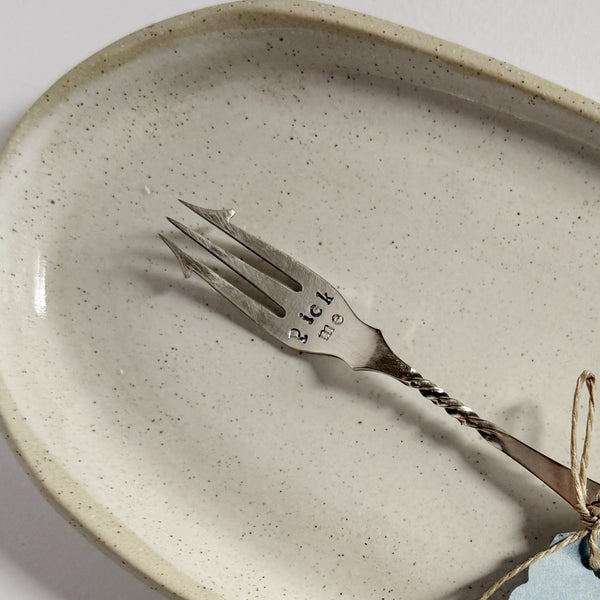 mondocherry - antique silverware pickle fork | "pick me" - close