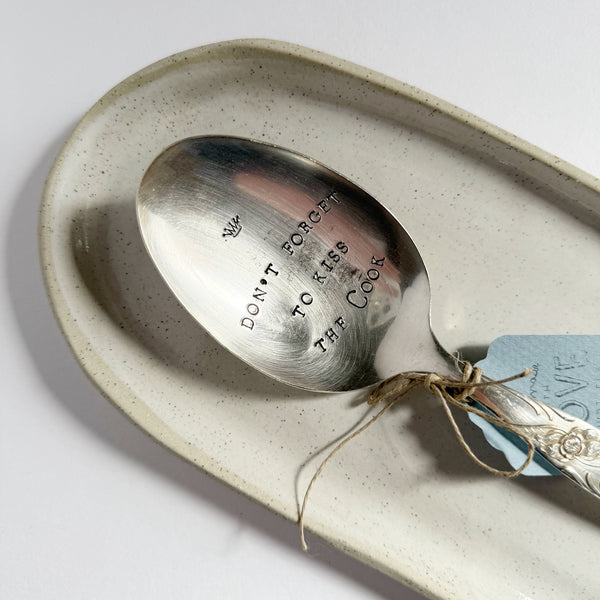 antique silverware serving spoon | "dont forget to kiss the cook" - close