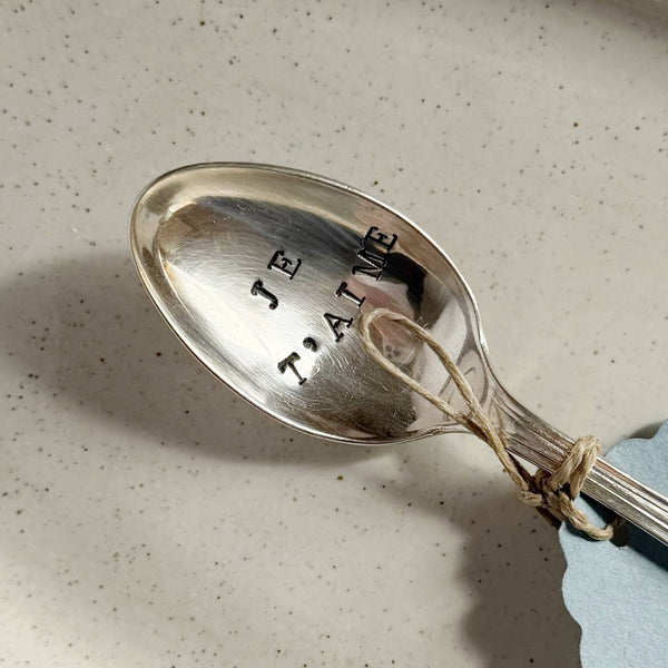 mondocherry - antique silverware teaspoon| "je t'aime" - close