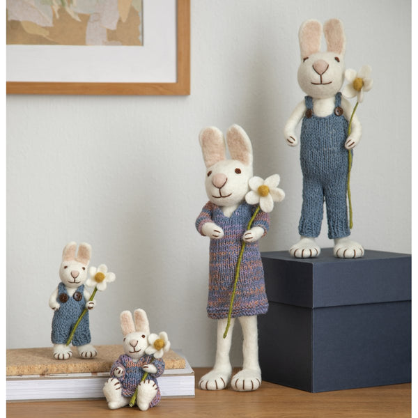 Gry & Sif | white bunny with blue pants & daisy | small - family