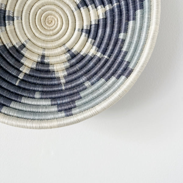"Hannukah" African woven bowl | medium | silver blue - close