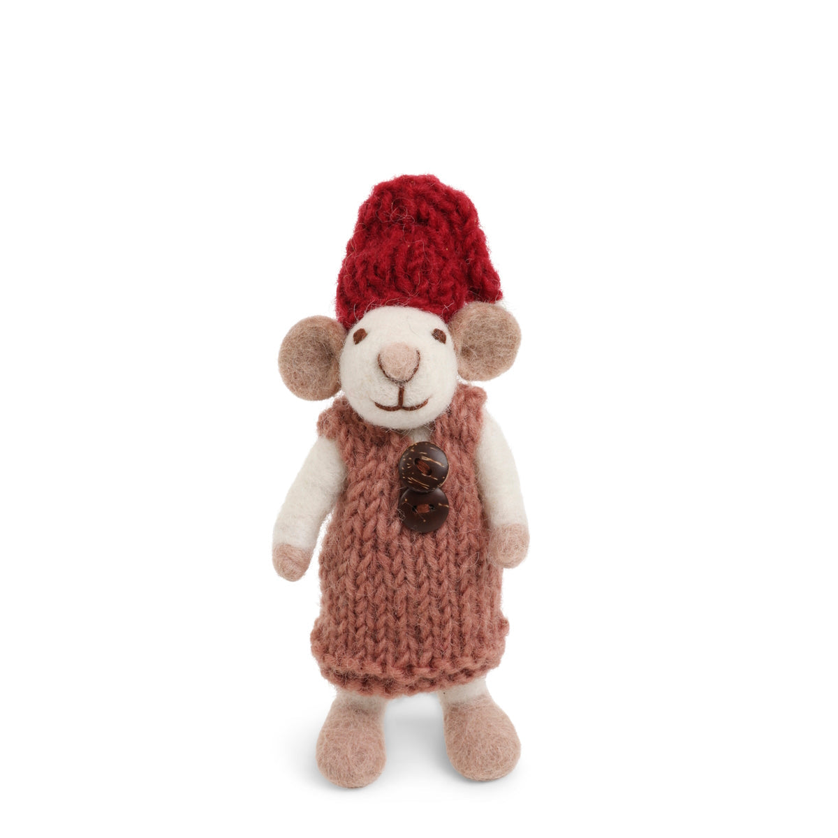 Gry & Sif — white mouse with rose dress — baby — small white felt mouse wearing a rose pink knitted dress and a red hat