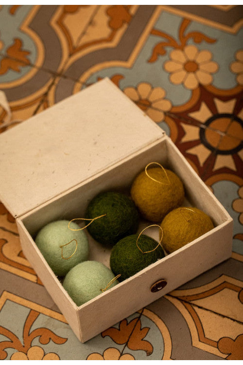 mondocherry - Muskhane | felt Christmas baubles | harmony olive - box