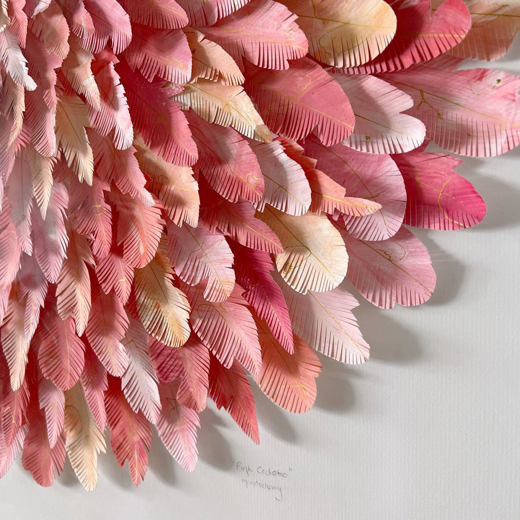 mondocherry - "pink cockatoo" | paper feather framed wall art - close