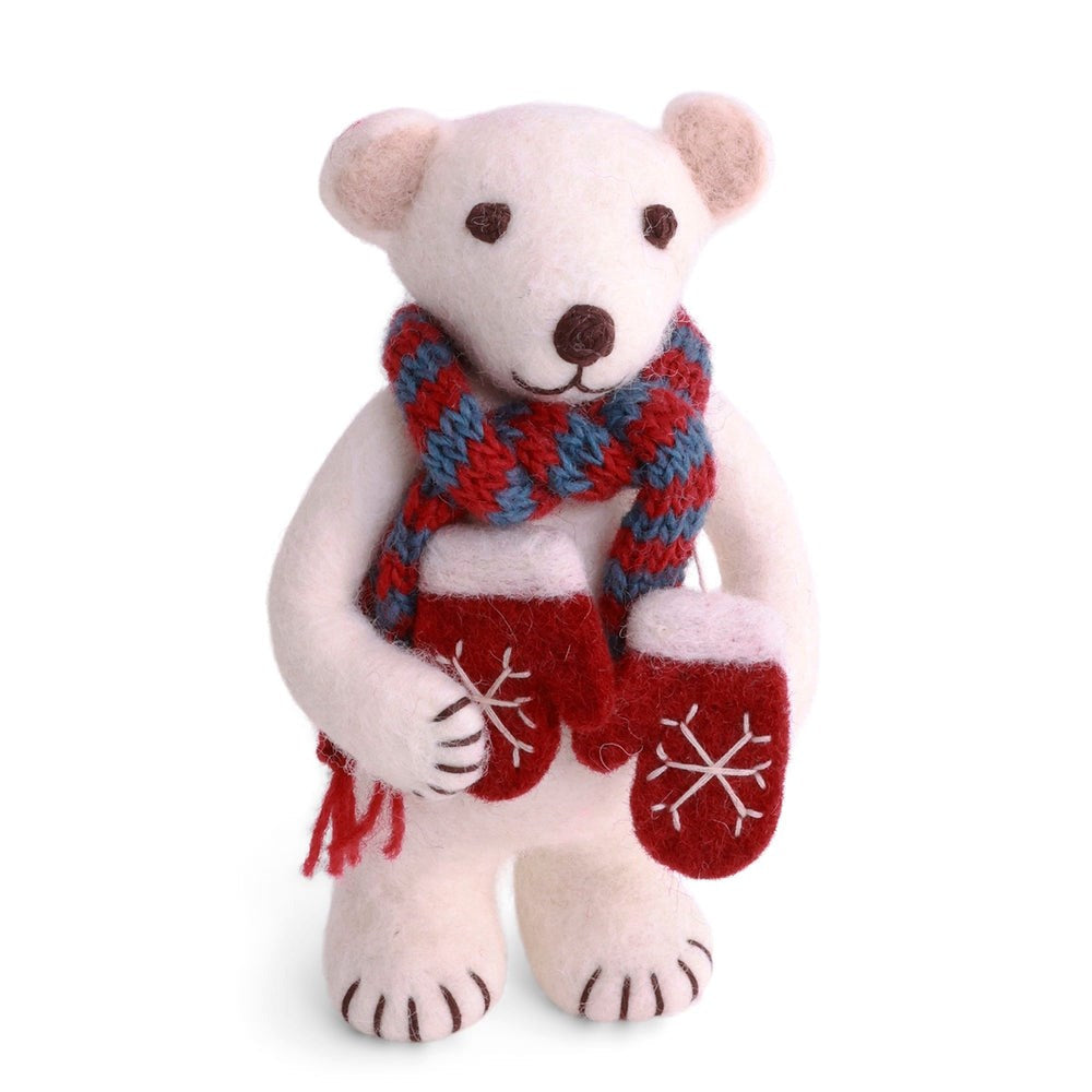 Gry & Sif — polar bear with mittens — medium — white felt bear holding mittens, wearing a scarf