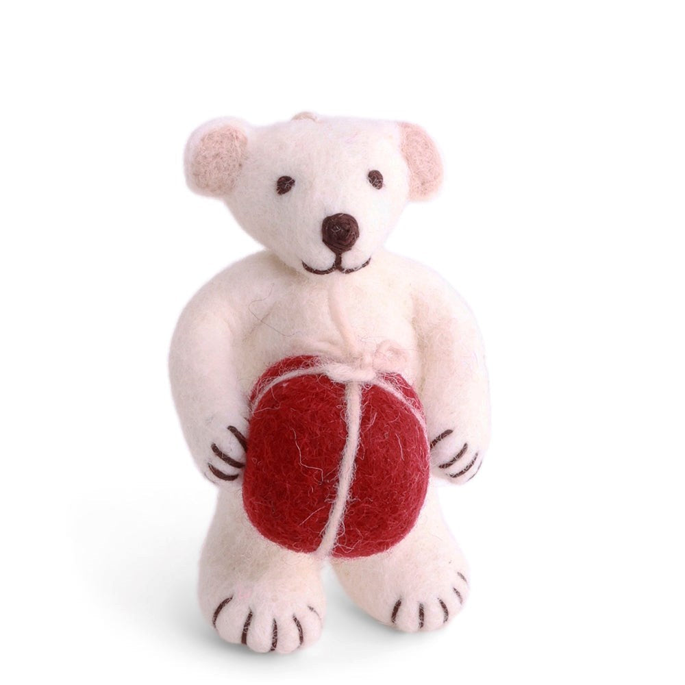 Gry & Sif — polar bear with gift — small — white felt bear holding gift