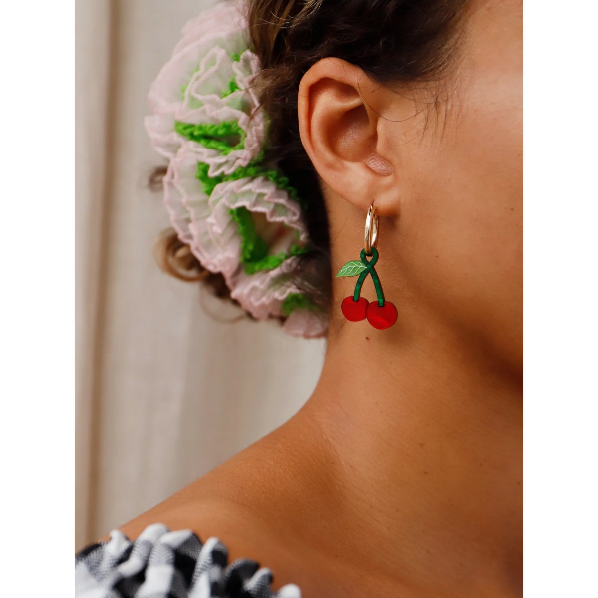 mondocherry - Wolf and Moon | cherry hoop earrings - close