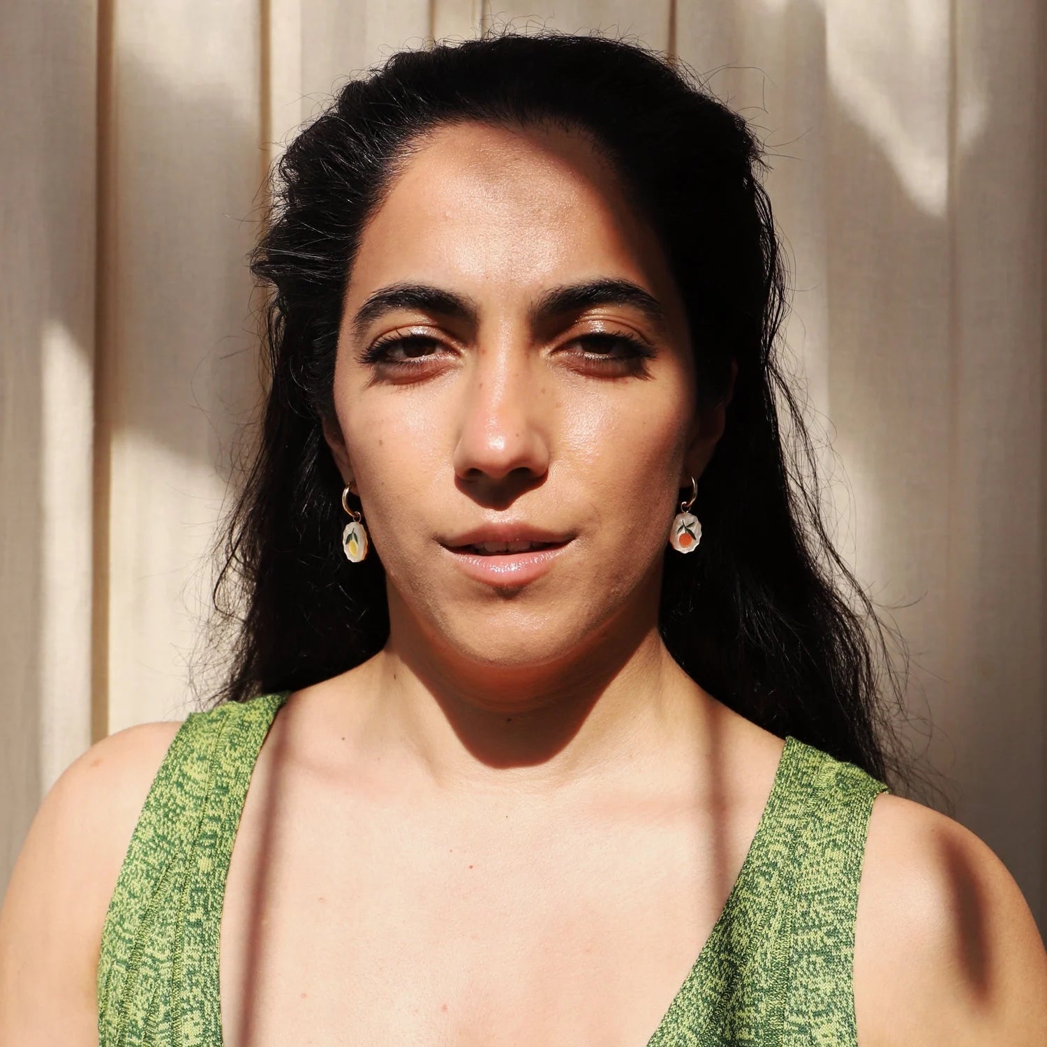 mondocherry - Wolf and Moon | citrus charm hoop earrings -model