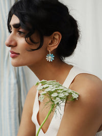 mondocherry - Wolf and Moon | daisy hoop earrings | baby blue - model