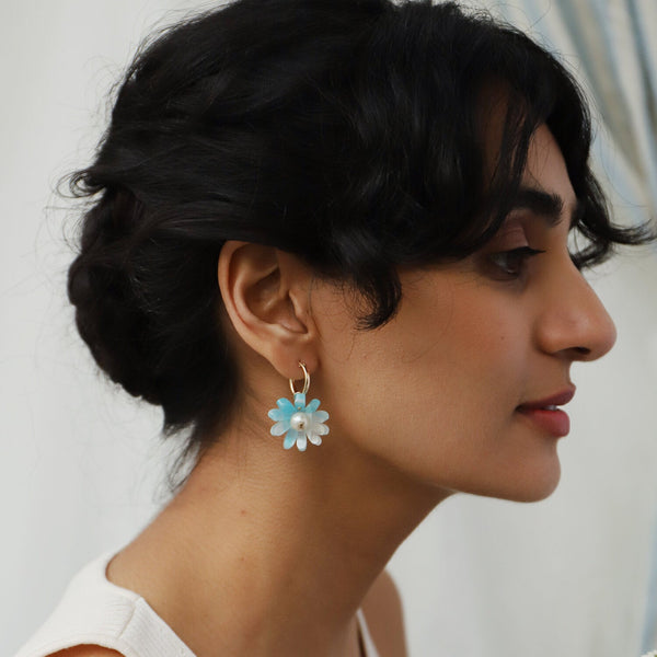mondocherry - Wolf and Moon | daisy hoop earrings | baby blue - model
