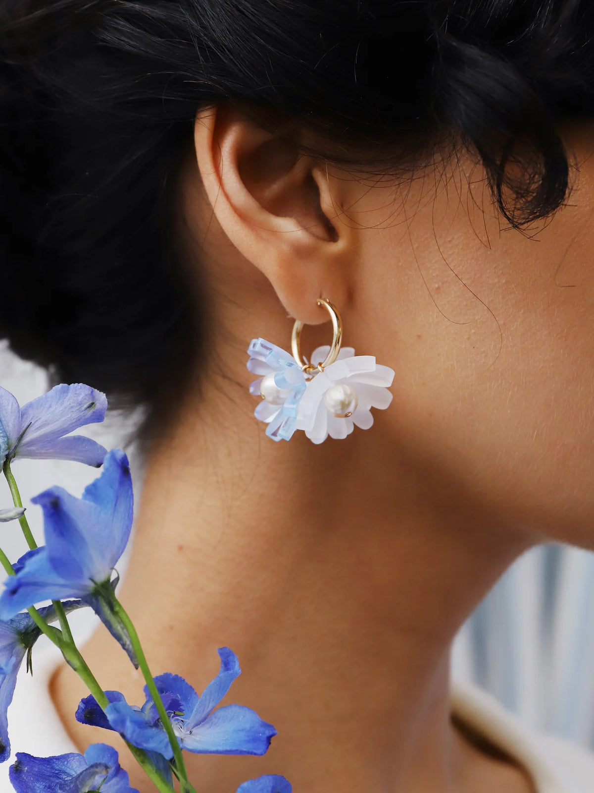 mondocherry - Wolf and Moon | daisy meadow hoop earrings | mist - close