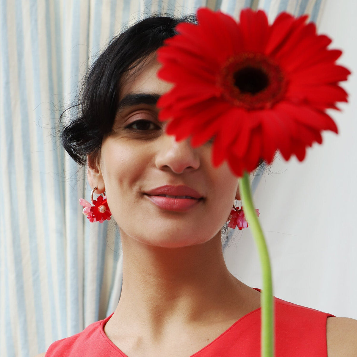 Wolf and Moon | daisy meadow hoop earrings | strawberry - model