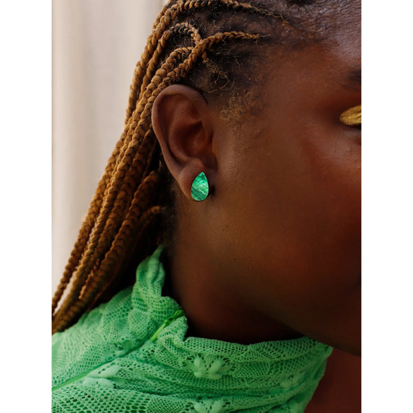mondocherry - Wolf and Moon | raindrop stud earrings | emerald - model
