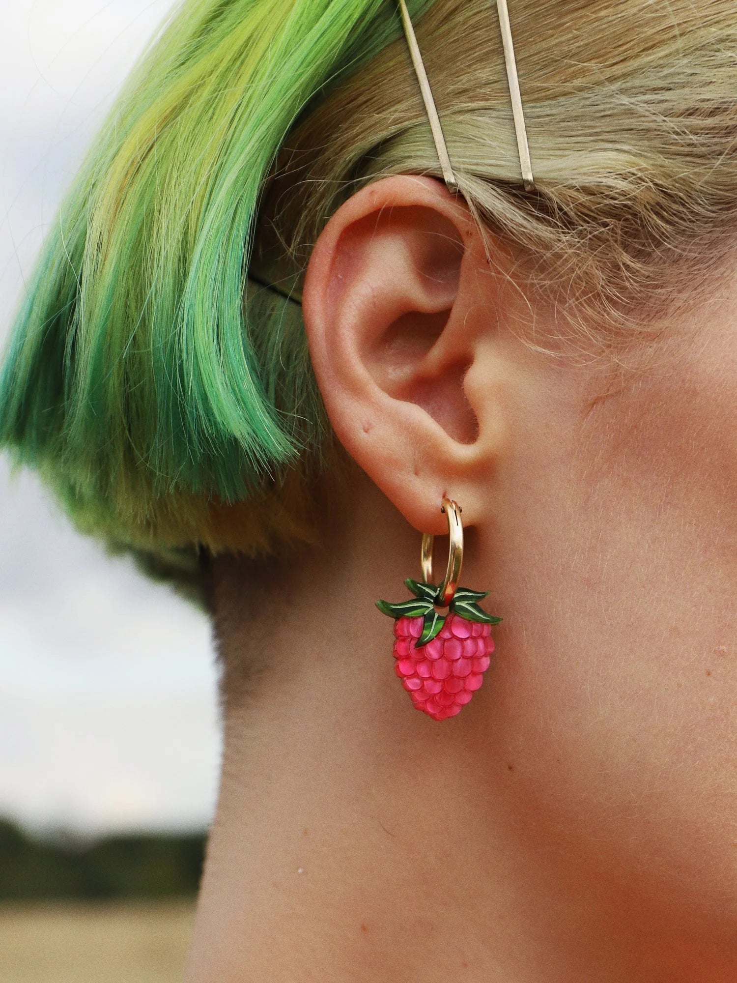 mondocherry - Wolf and Moon | raspberry hoop earrings - close