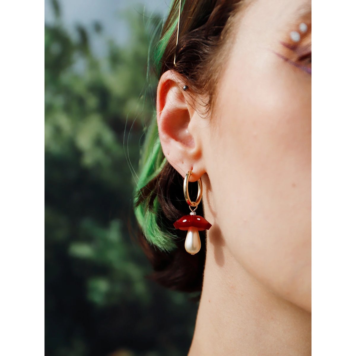 mondocherry - Wolf and Moon | shroom hoop earrings | red - close