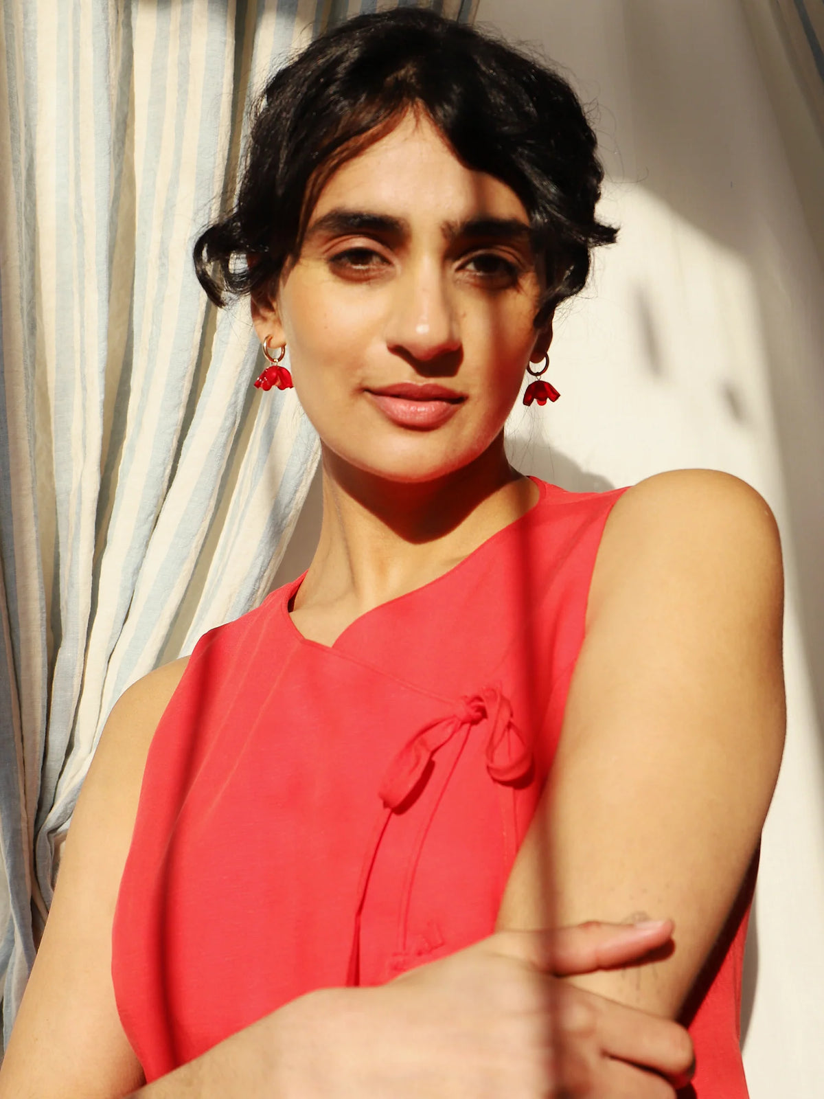 mondocherry - Wolf and Moon | tulip hoop earrings | scarlet - model