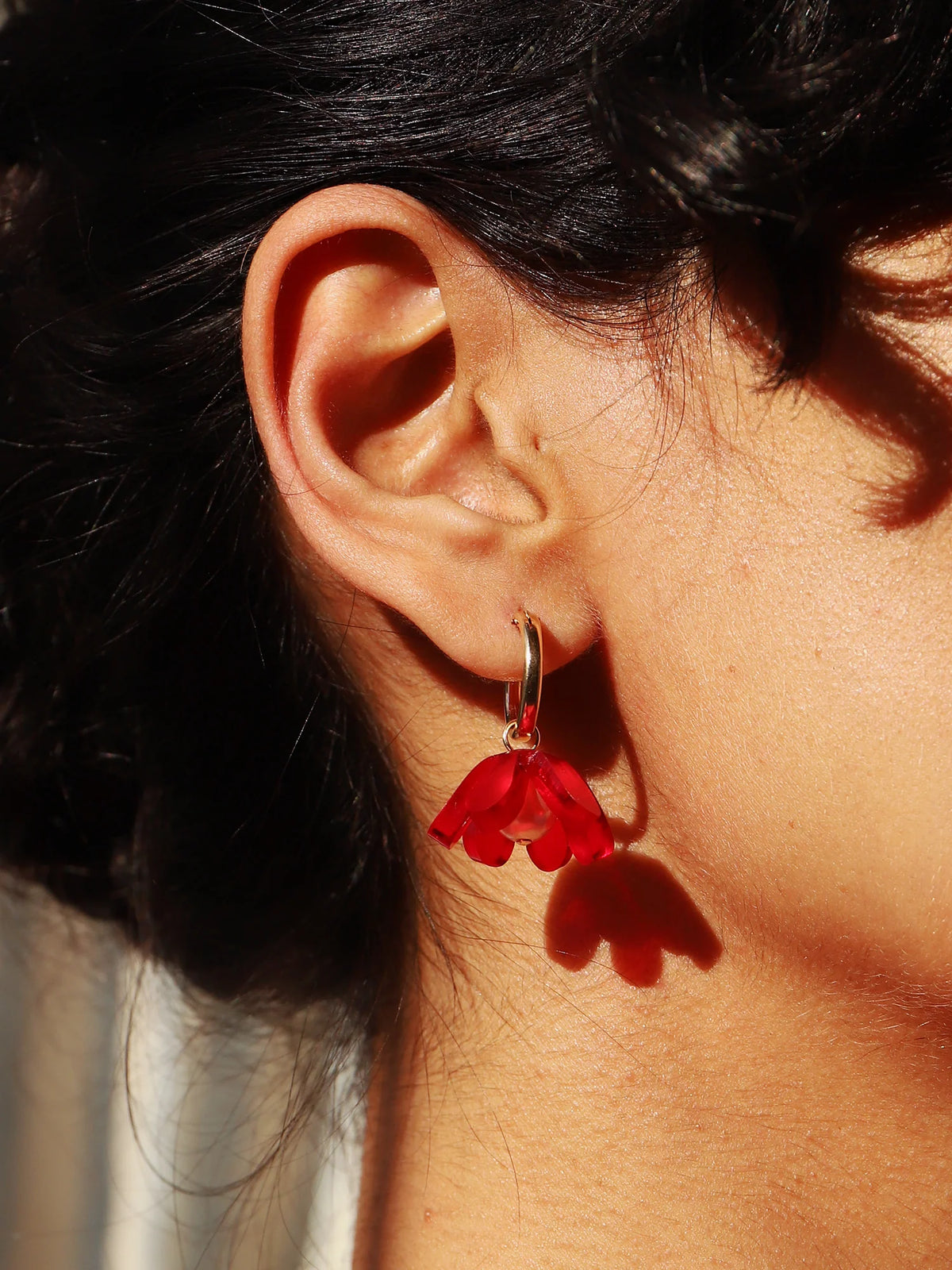 mondocherry - Wolf and Moon | tulip hoop earrings | scarlet - close
