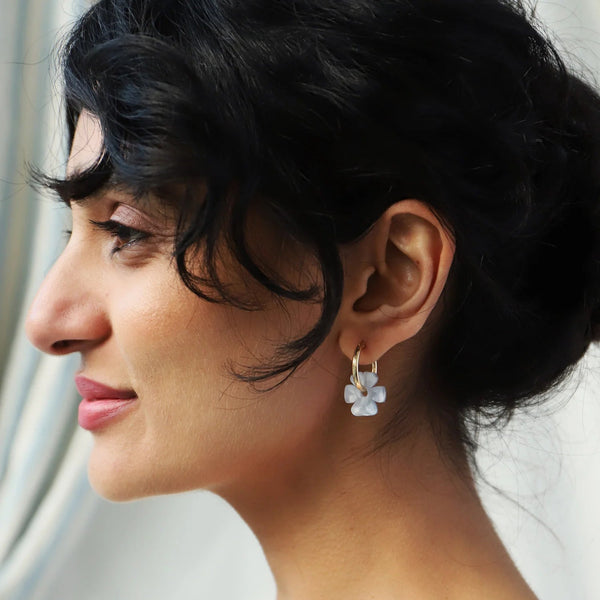 mondocherry - Wolf and Moon | violet hoop earrings | powder blue - model