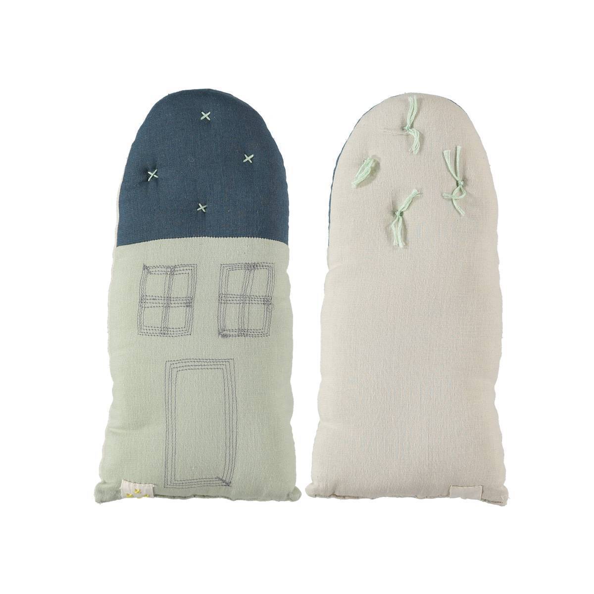 Camomile London | petite house kids cushion | mint and midnight blue - front back