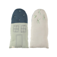 Camomile London | petite house kids cushion | mint and midnight blue - front back