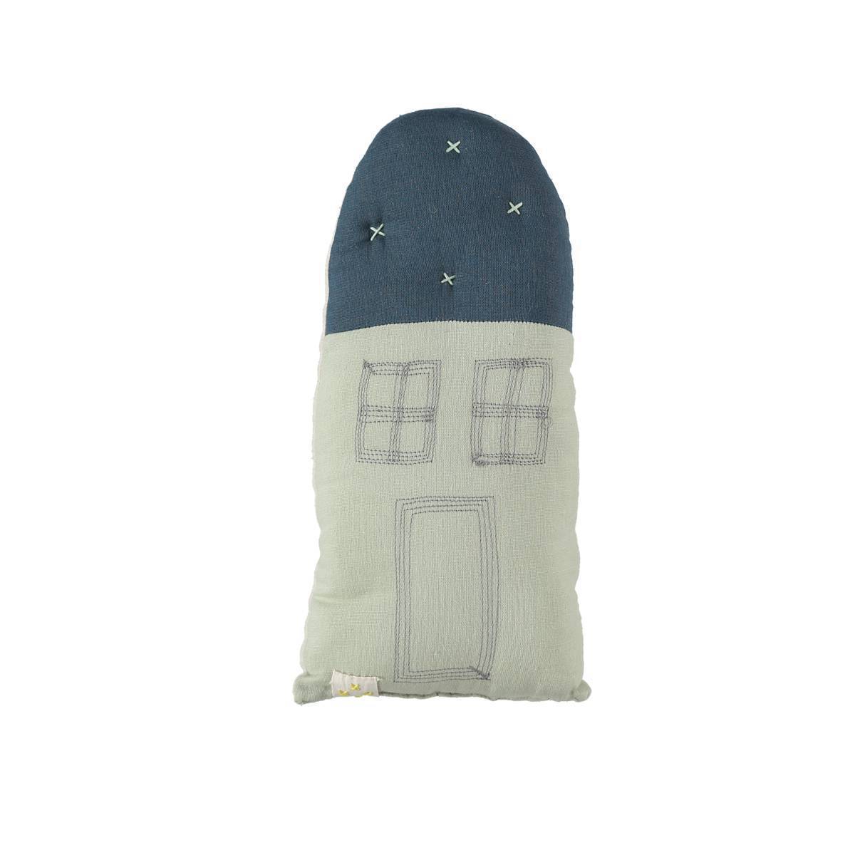 Camomile London | petite house kids cushion | mint and midnight blue