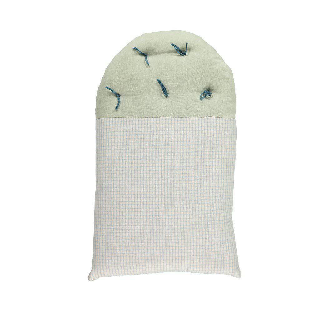 Camomile London | small house kids cushion | check blue and mint - back