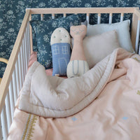 Camomile London | tall cat kids cushion | stone and pink - in cot