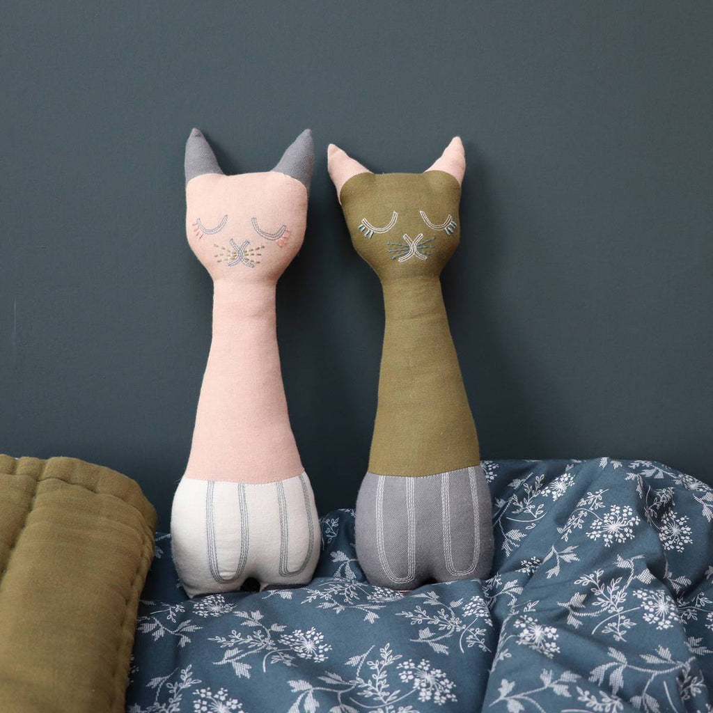 Camomile London | tall cat kids cushion | peach blossom and stone - styled