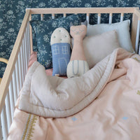 Camomile London | tall cat kids cushion | peach blossom and stone - in cot