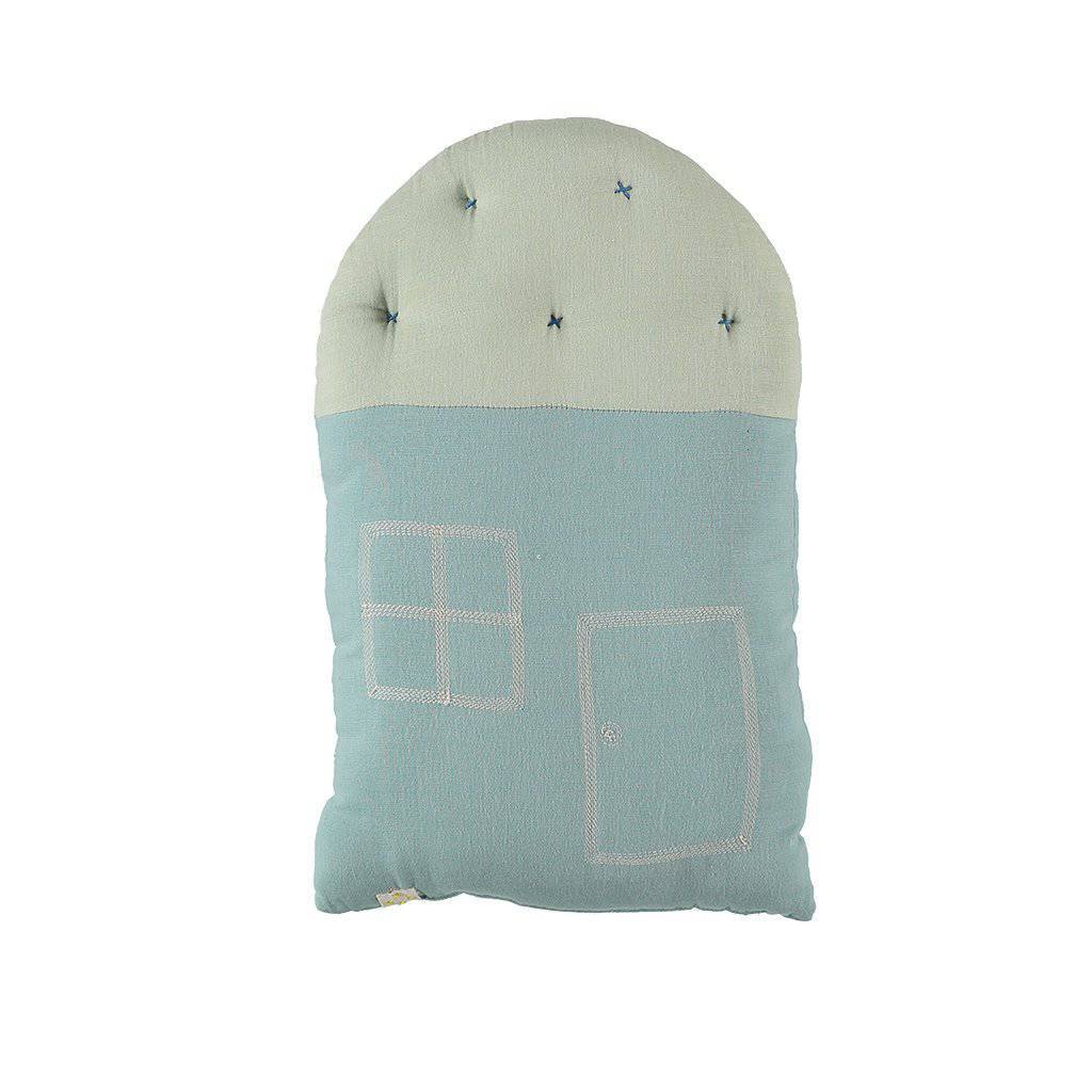 Camomile London | small house kids cushion | light teal and mint
