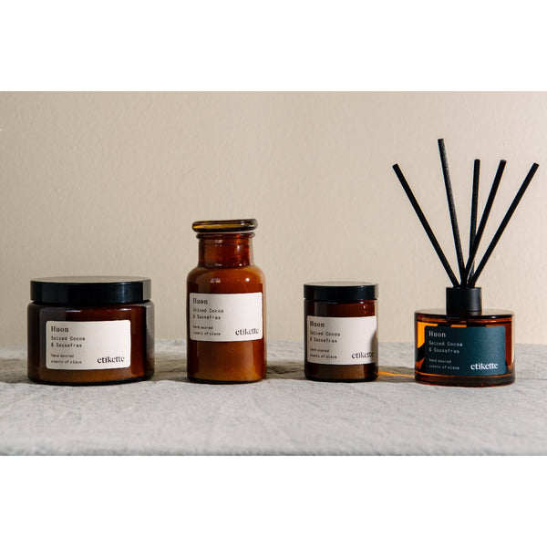 Etikette | soy candle | Huon spiced cocoa sassafras collection