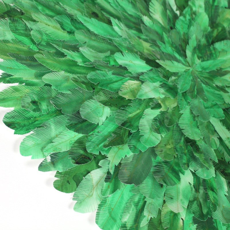 mondocherry - juju hat paper feather artwork - "lesser green broadbill" - closeup