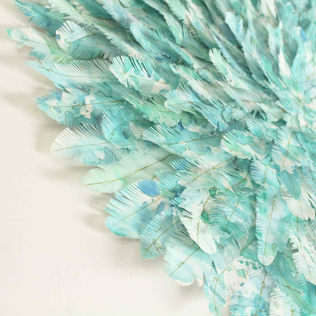 mondocherry - juju hat paper feather artwork - "parakeet" - closeup