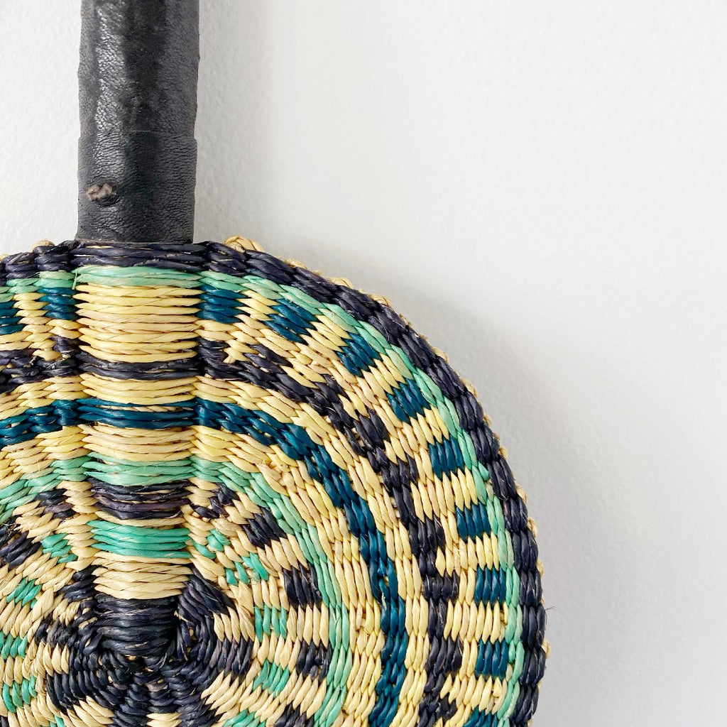 African woven fan "Bamboi" | round | garden greens #2 - close