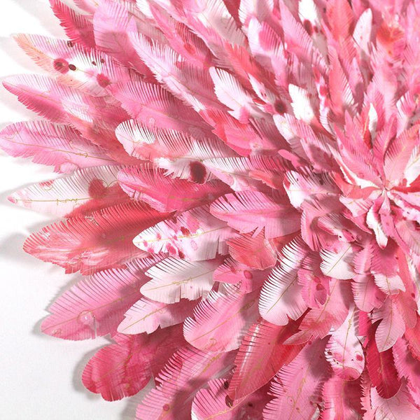 mondocherry - juju hat paper feather artwork - "scarlet finch" - closeup
