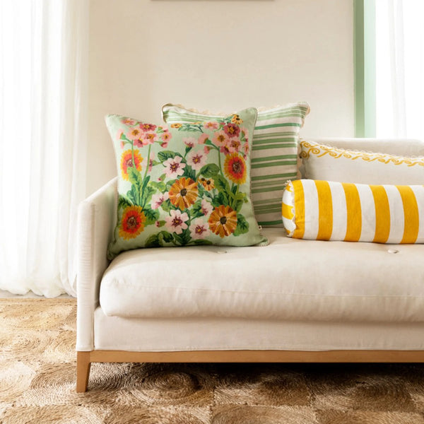 mondocherry | Bonnie and Neil | flower bed linen cushion | mint - sofa