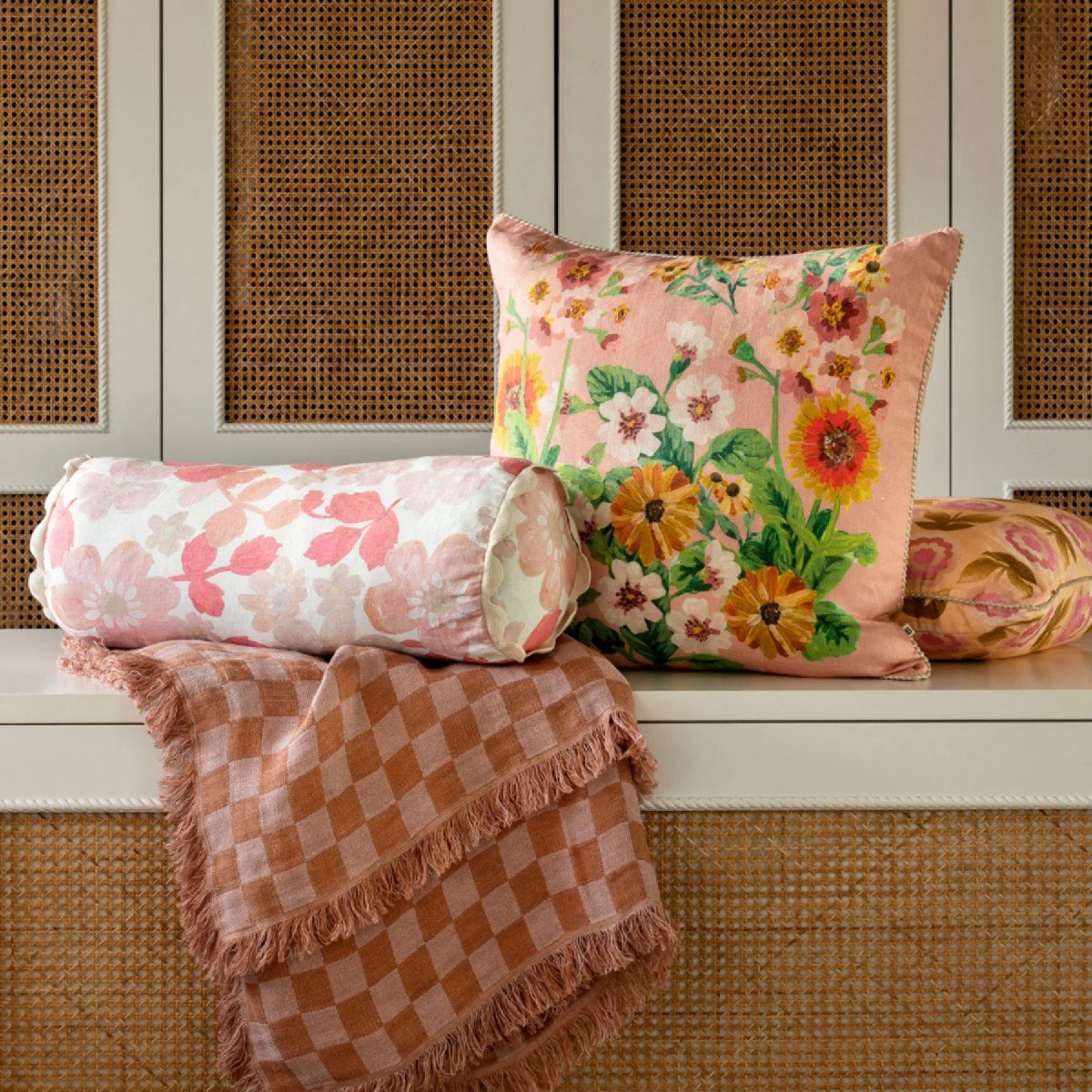 mondocherry | Bonnie and Neil | flower bed linen cushion | pink - bench