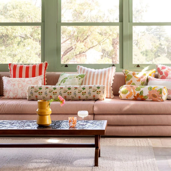 Bonnie and Neil | mini pastel floral linen cushion | green - sofa