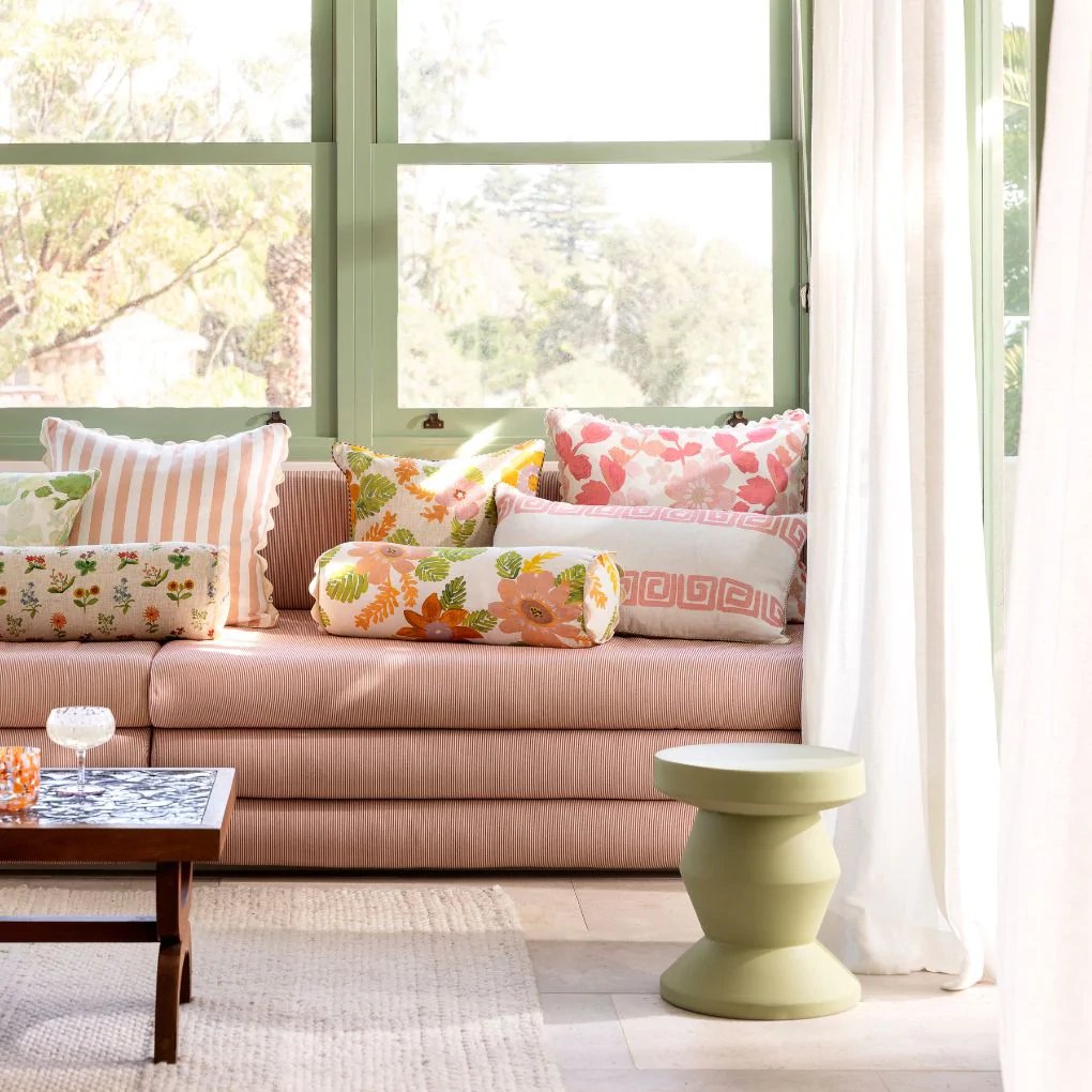 Bonnie and Neil | mini pastel floral linen cushion | pink - sofa
