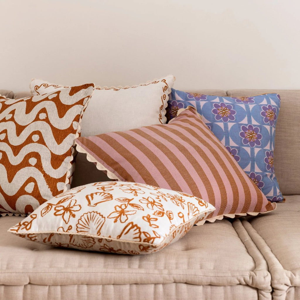 mondocherry | Bonnie and Neil | woven stripe cushion | peach purple - sofa
