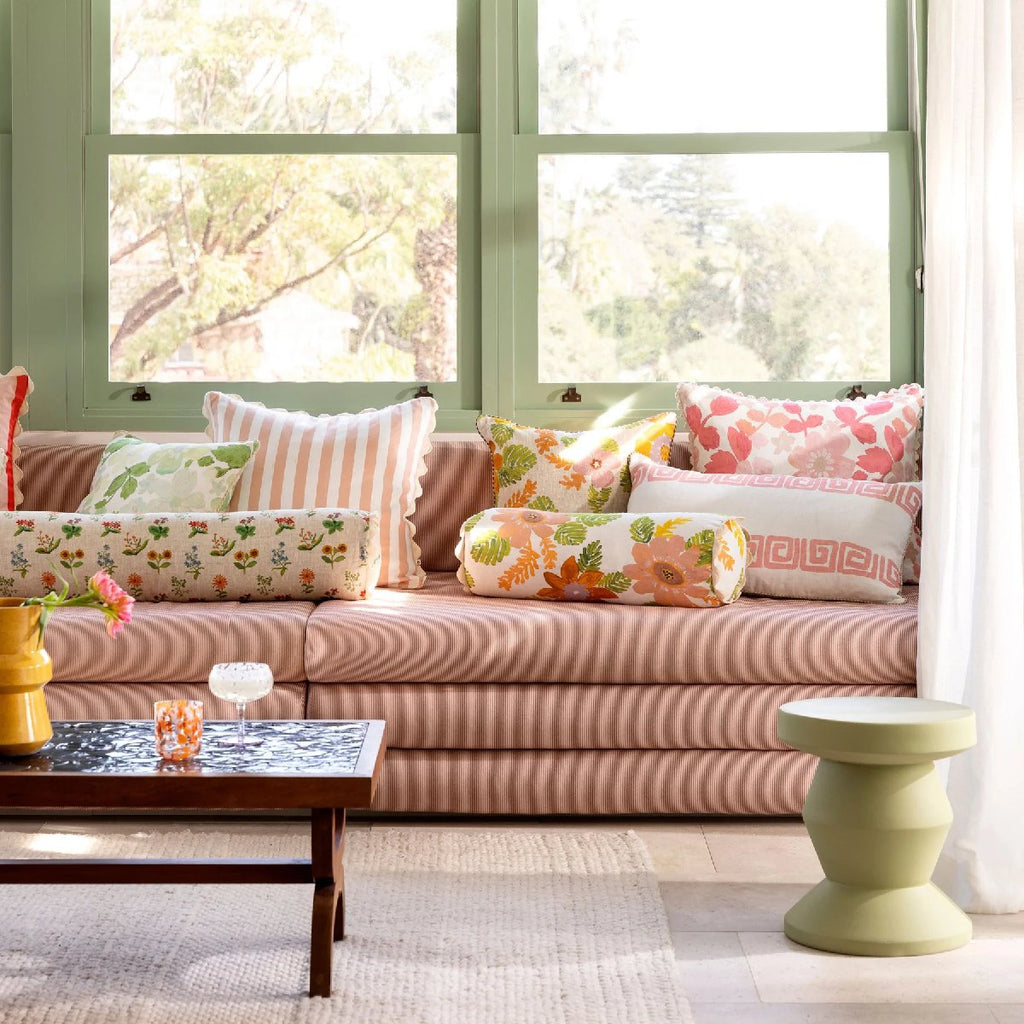 Bonnie and Neil | woven stripe linen cushion | pink - sofa