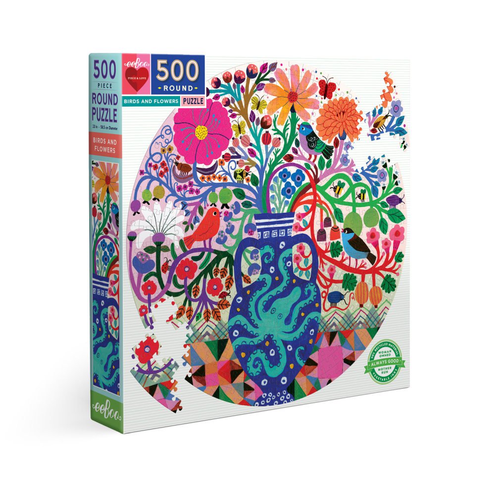 Eeboo | 500 piece round puzzle | Birds and Flowers